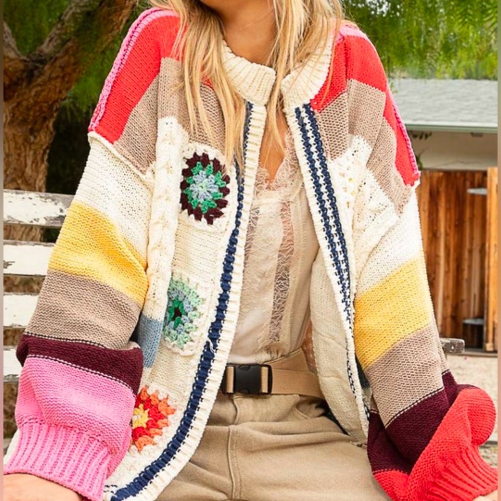New POL granny square crochet cardigan sweater ivory tic toc Hand made stitch